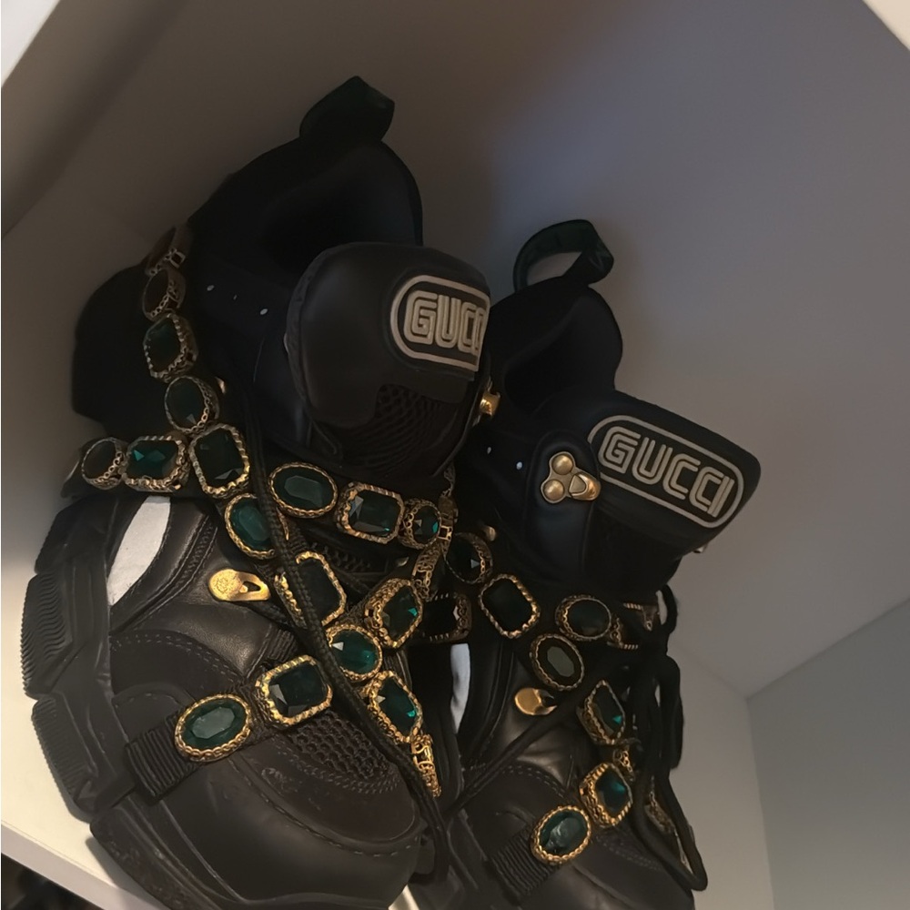 Gucci Black Sneakers with Gold and Green Details